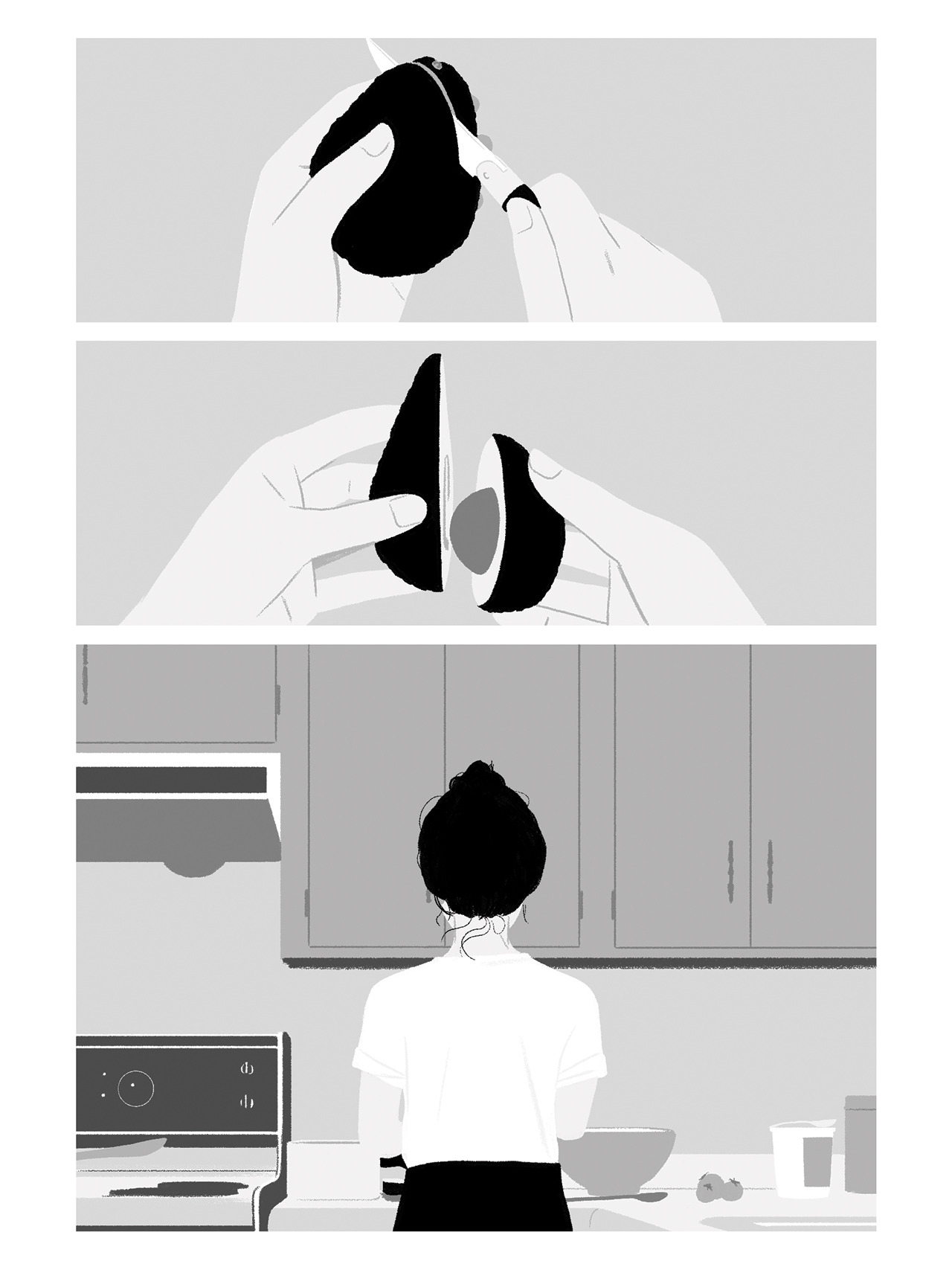 comic page from I'm Not Here. Three panels cut horizontally. First panel a pair of hands cuts into an avocado. Second panel the pair of hands separates the avocado. Third panel zooms out to reveal a person in a white shirt, and black pants standing at a kitchen counter.
